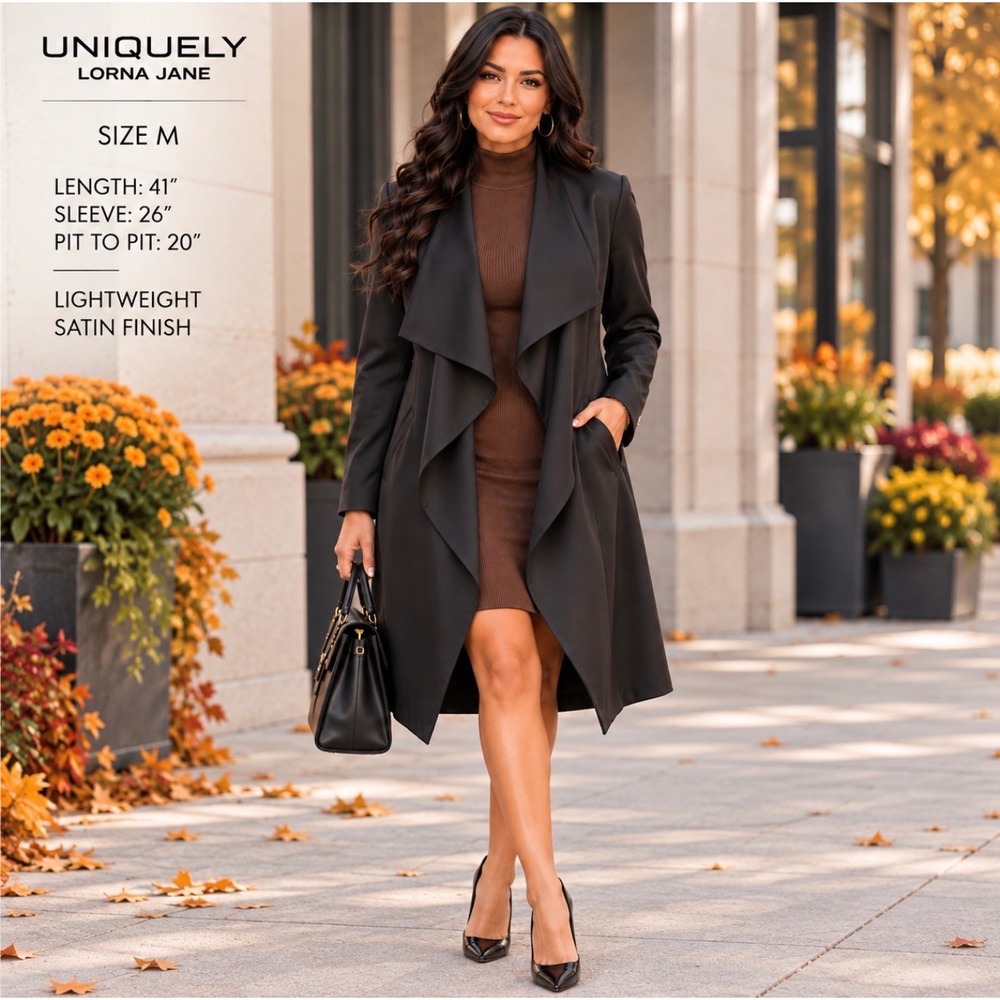 Uniquely Lorna Jane Black Waterfall Coat M Longline Draped Satin Luxury Jacket